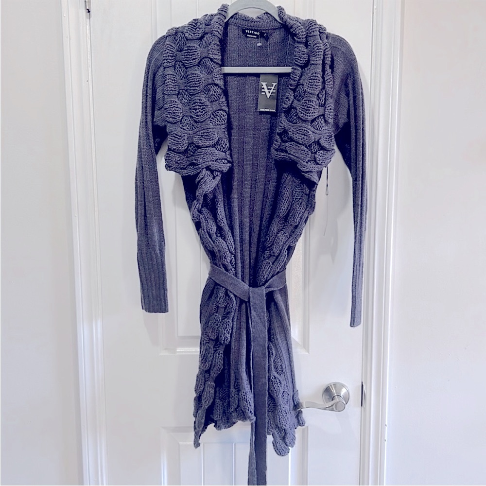 NWT Vertigo Paris Dark Purple Gray Knit Cardigan w adjustable tie waist wrap.